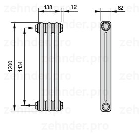 Схема (чертеж) Радиатор Zehnder Charleston 2120/3 №1270 Белый глянцевый RAL 9016
